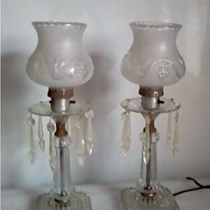 Vintage Pair of Hurricane Boudoir Frosted Table Lamps with Hanging Crystals
